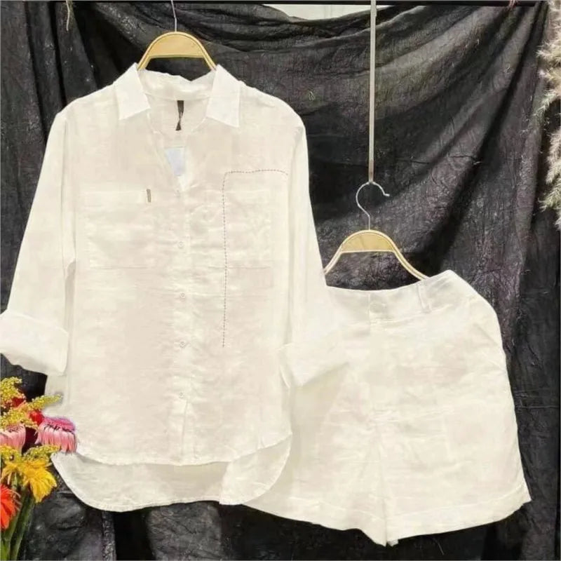 Summer Cotton Linen Casual Home 2 Piece Set For Women 2025 Fashion White Long Sleeve Shirt And Shorts Two Piece Sets Tracksuit