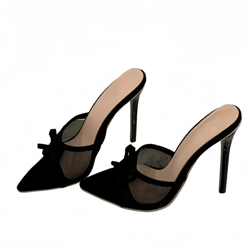 Liyke Street Fashion Bowknot Mesh Women Slippers Sandals Sexy Pointed Open Toe Black High Heels Mules Slides Party Banquet Shoes