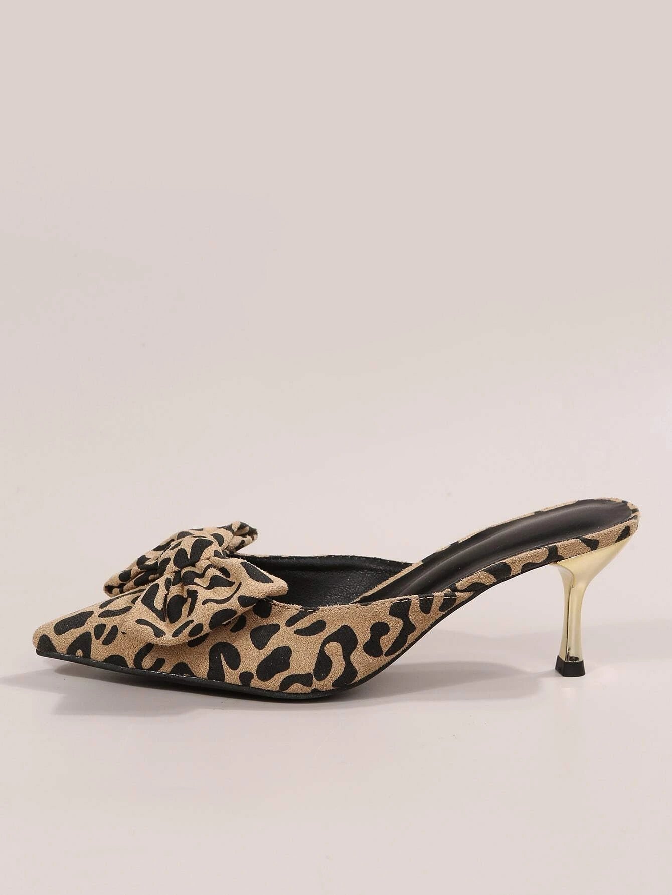 New Arrival Pointed Toe Leopard Print Bow Decor Mid Heel Mules, Fashionable EU Style, Early Autumn