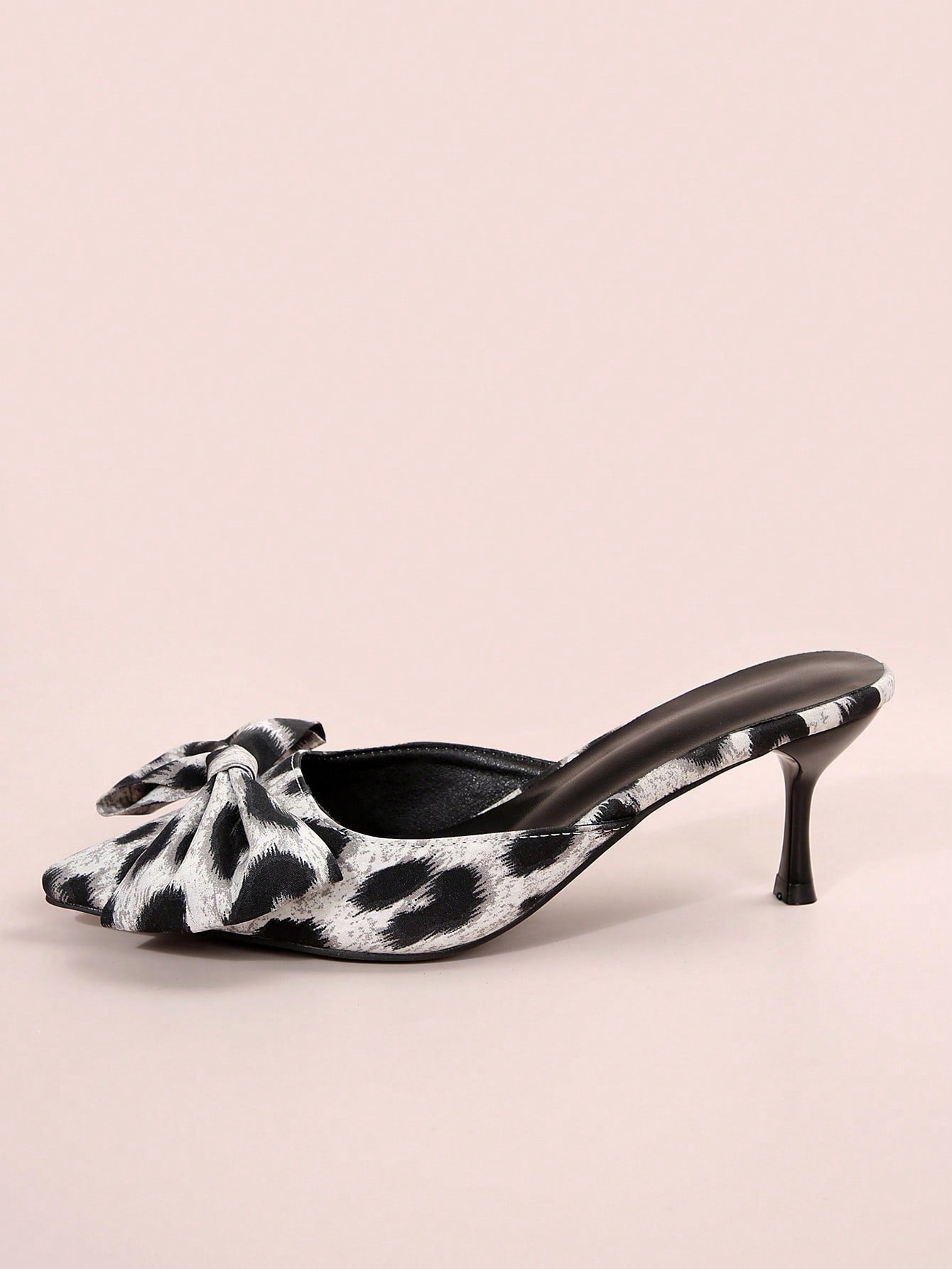 New Arrival Pointed Toe Leopard Print Bow Decor Mid Heel Mules, Fashionable EU Style, Early Autumn