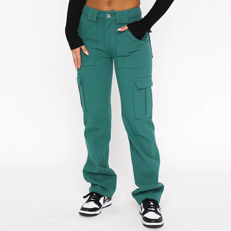 Fashionable Women's Loose Fit Denim Pants with Pockets