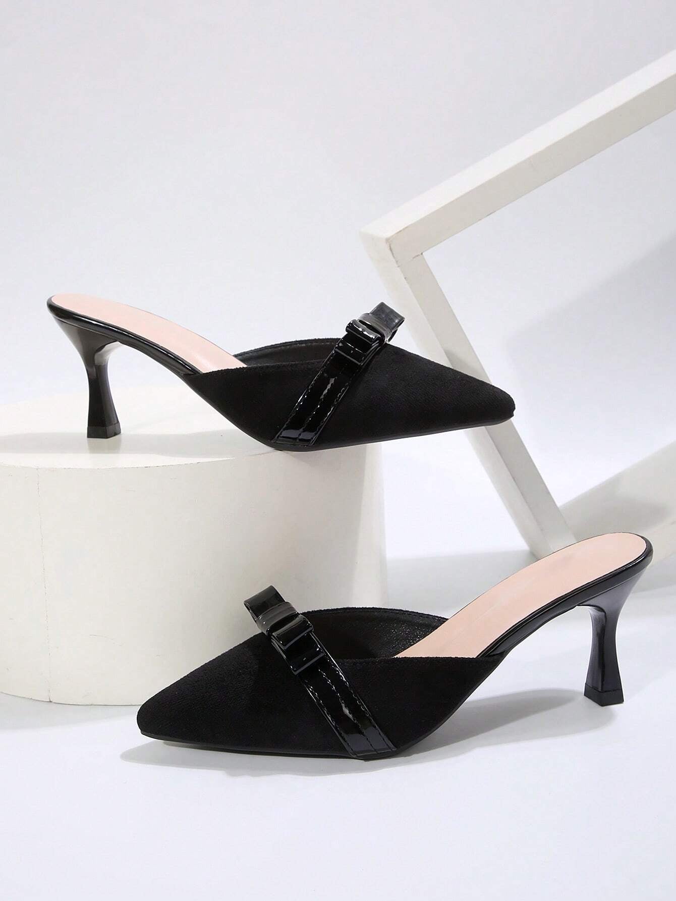 New Arrival Pointed Toe Leopard Print Bow Decor Mid Heel Mules, Fashionable EU Style, Early Autumn