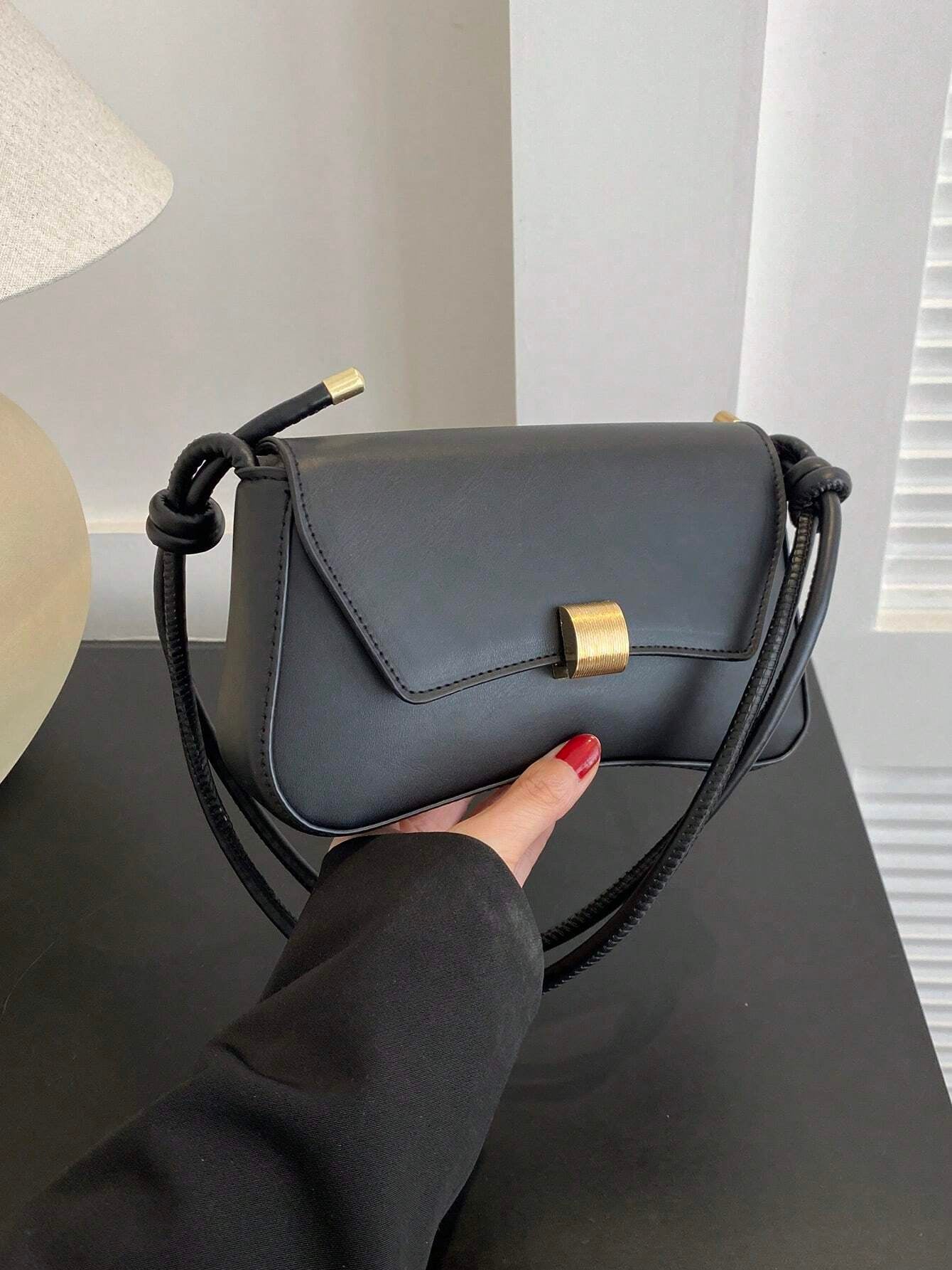 Retro Lightweight, Business Casual Black Flap Bag Vintage Knot Detail PU for Teen Girls Women College Students, Rookies & White-Collar Workers Perfect for Office, College, Work, Business, Commute, Outdoors, Travel, Outings, Retro Inspired Vintage Bag for Women