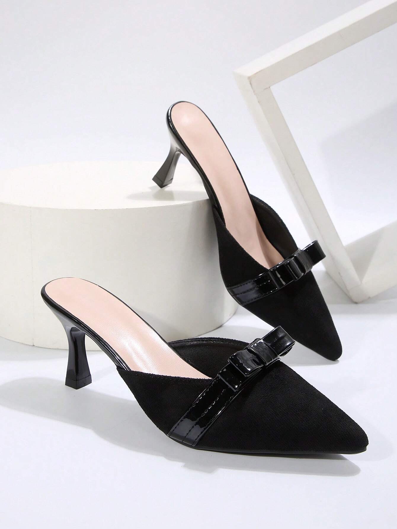 New Arrival Pointed Toe Leopard Print Bow Decor Mid Heel Mules, Fashionable EU Style, Early Autumn