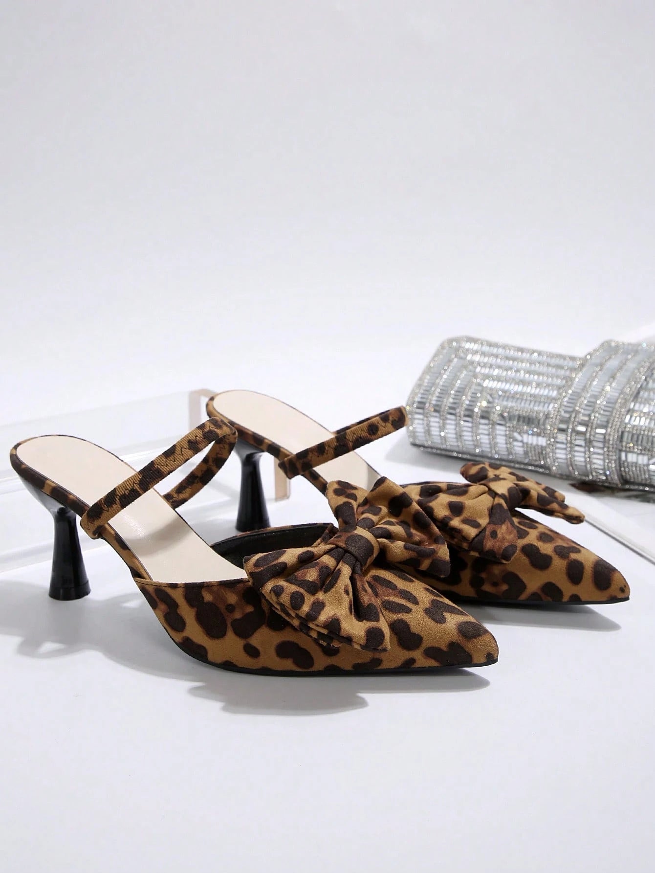 New Arrival Pointed Toe Leopard Print Bow Decor Mid Heel Mules, Fashionable EU Style, Early Autumn