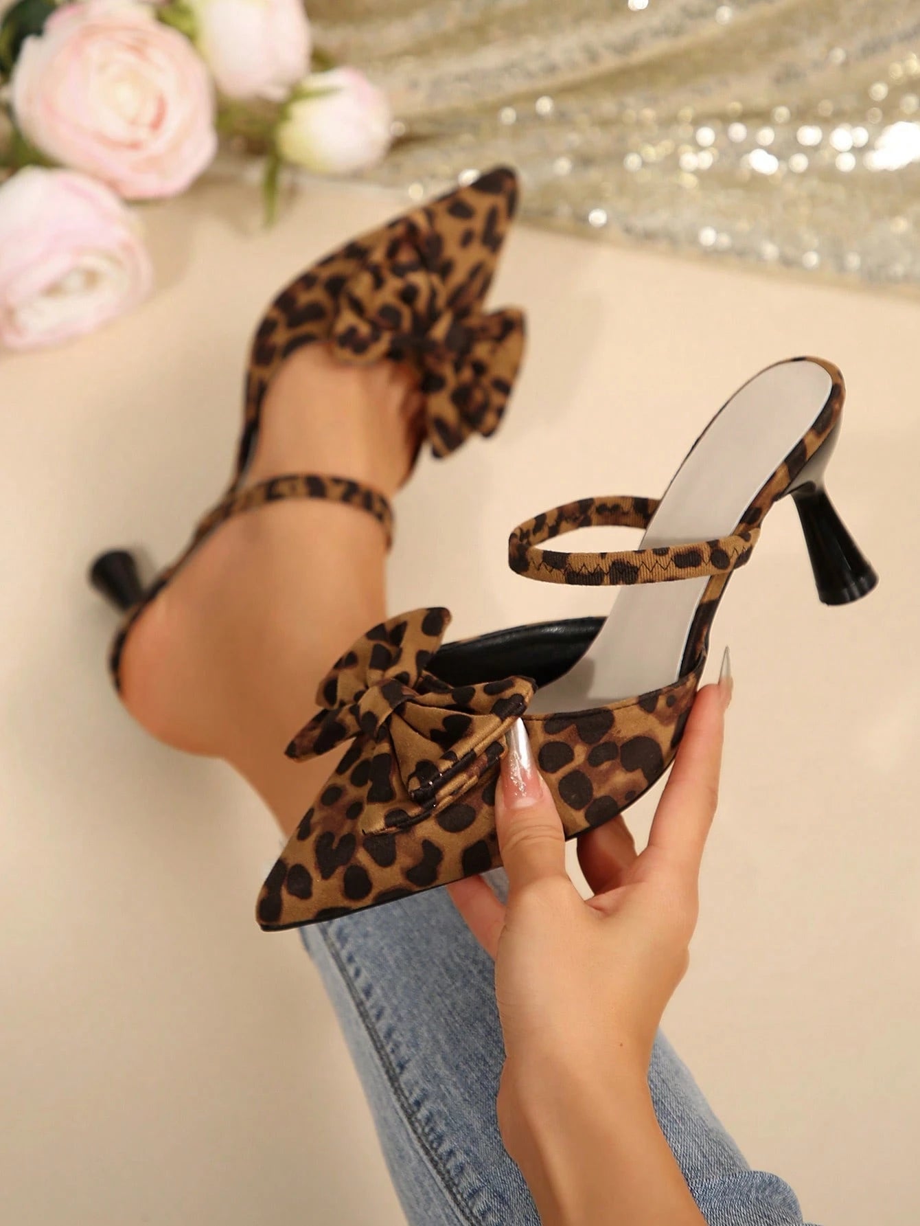New Arrival Pointed Toe Leopard Print Bow Decor Mid Heel Mules, Fashionable EU Style, Early Autumn