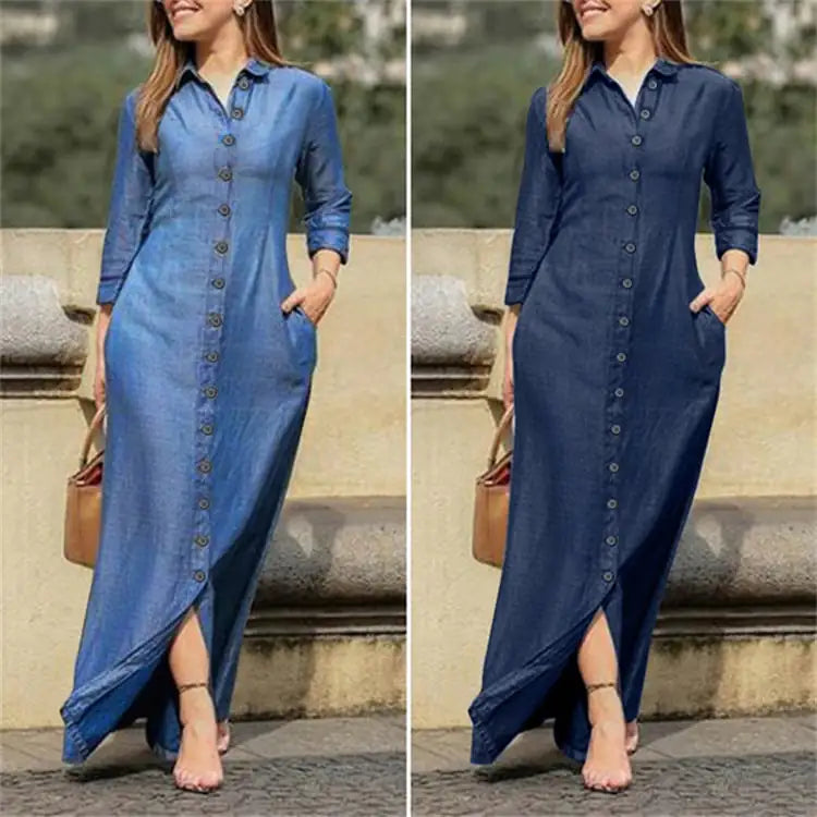 Denim Maxi Dress with Shirt Collar and Button Details