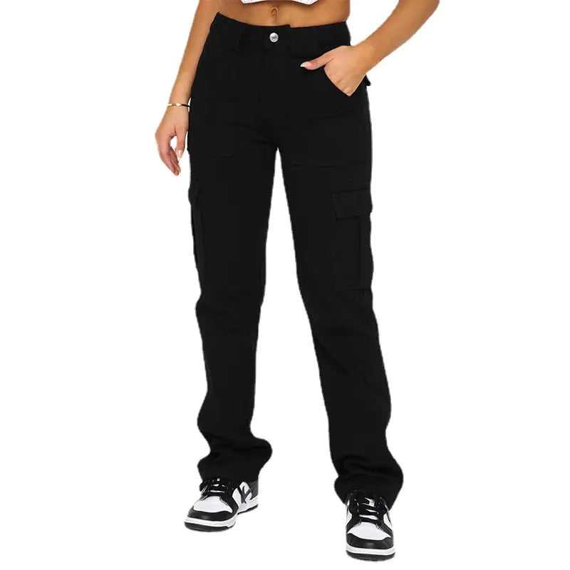 Fashionable Women's Loose Fit Denim Pants with Pockets