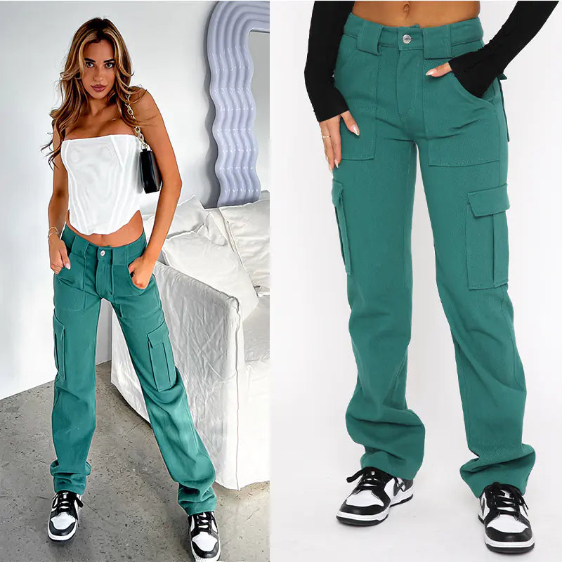 Fashionable Women's Loose Fit Denim Pants with Pockets