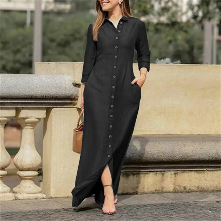 Denim Maxi Dress with Shirt Collar and Button Details