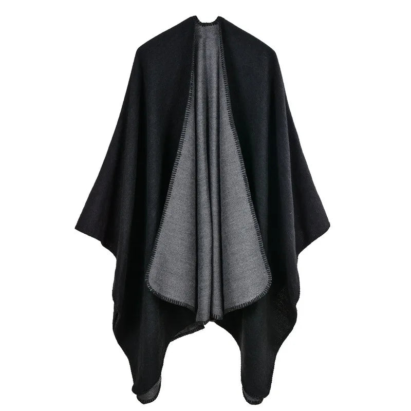 Autumn Winter Solid Color Imitation Cashmere Large Fork Shawl Warm Monochrome Cloak  Ponchos Capes Navy