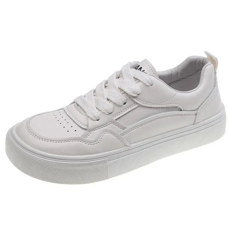 Women Genuine Leather Flat Shoes Spring and Autumn Fashionable and Breathable Women Casual Wear Resistant Leather White Sneakers