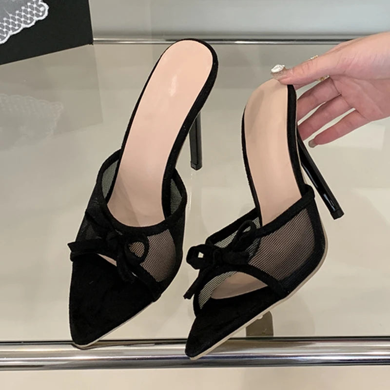 Liyke Street Fashion Bowknot Mesh Women Slippers Sandals Sexy Pointed Open Toe Black High Heels Mules Slides Party Banquet Shoes