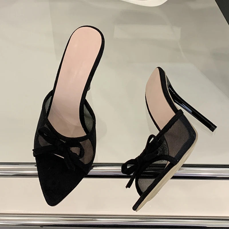 Liyke Street Fashion Bowknot Mesh Women Slippers Sandals Sexy Pointed Open Toe Black High Heels Mules Slides Party Banquet Shoes