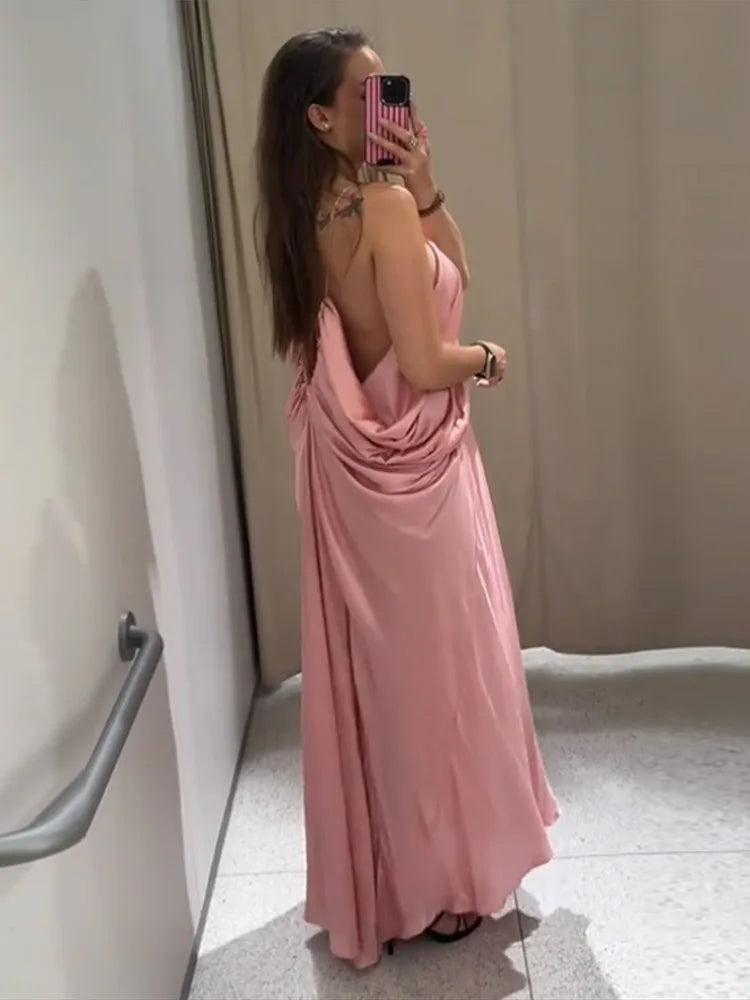 Sexy V-neck Sling Backless Long Dresses Fashion Solid Sleeveless Pleated Hip Packet Maxi Dress Summer Chic Evening Party Robes