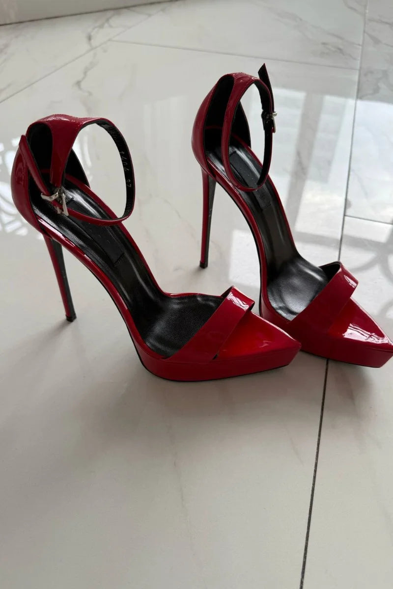 Sexy Pointed Toe Platform Leather Sandals Women's Nude/Black/Red Ankle Strap Super High Heels Chic Big Size Luxury Design Shoes