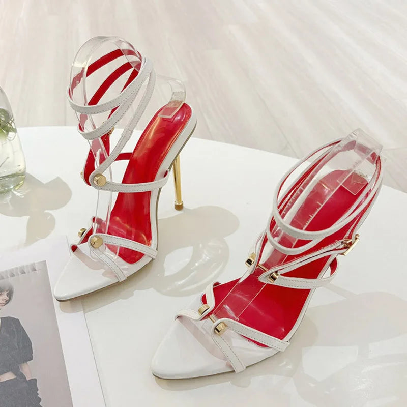 Liyke Brand Fashion Metal Decoration Designer High Heels Sandals Women Sexy Pointed Toe Party Stripper Shoes Sandalias Mujer