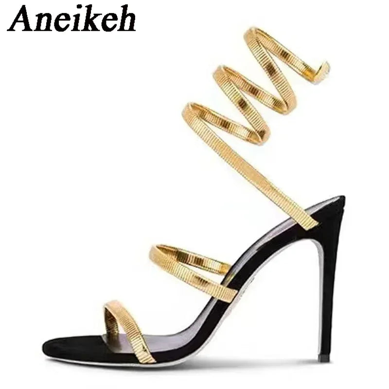 Aneikeh Sexy Crystal Ankle Strap Heels Sandals Women Summer Street Style Open Toe Thin High Heels Party Banquet Prom Luxury Shoe