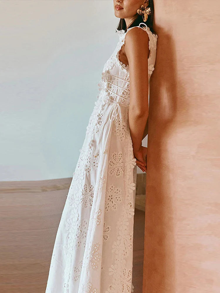Lace Embroidered Flowers Dress Woman Waist Cinching Sleeveless Solid Color Long Dresses Hollow Out Elegant Fashion Women's Robe