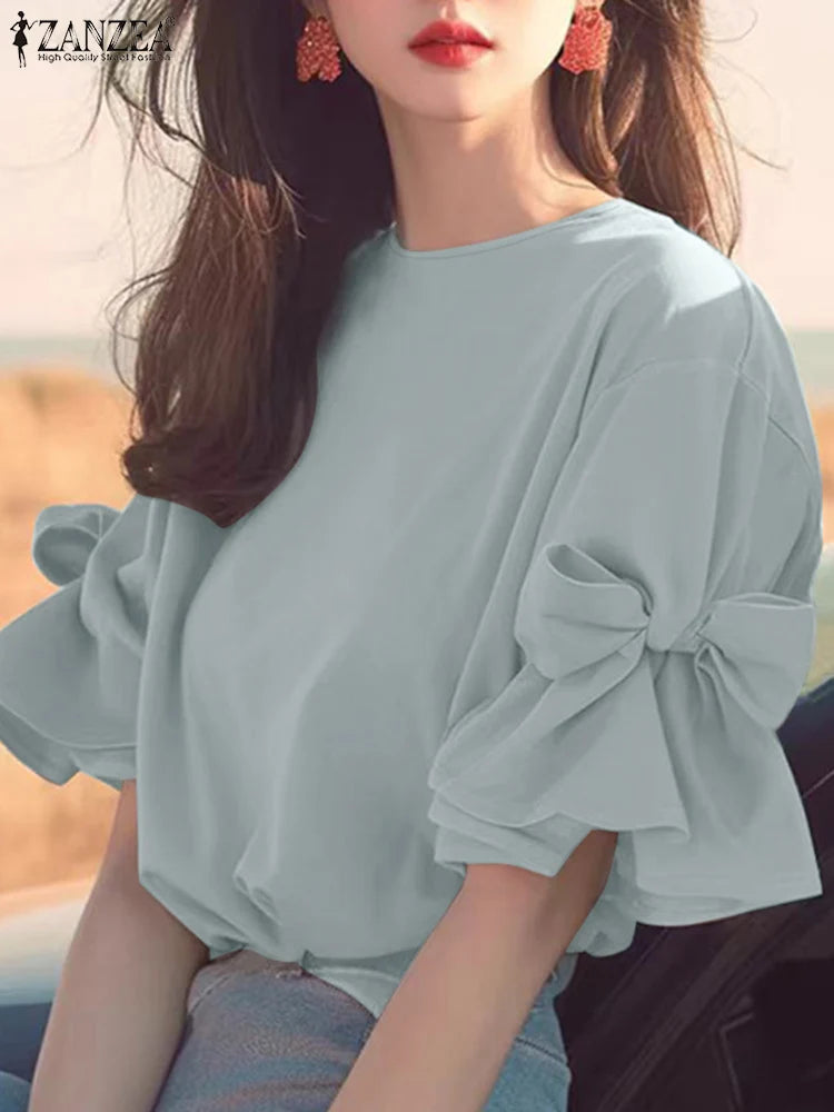 ZANZEA 2025 Summer Tops Women Bow Tie Ruffles Chiffon Blouse Elegant Lantern Short Sleeve Shiirt Vintage Patchwork Korean Tunic