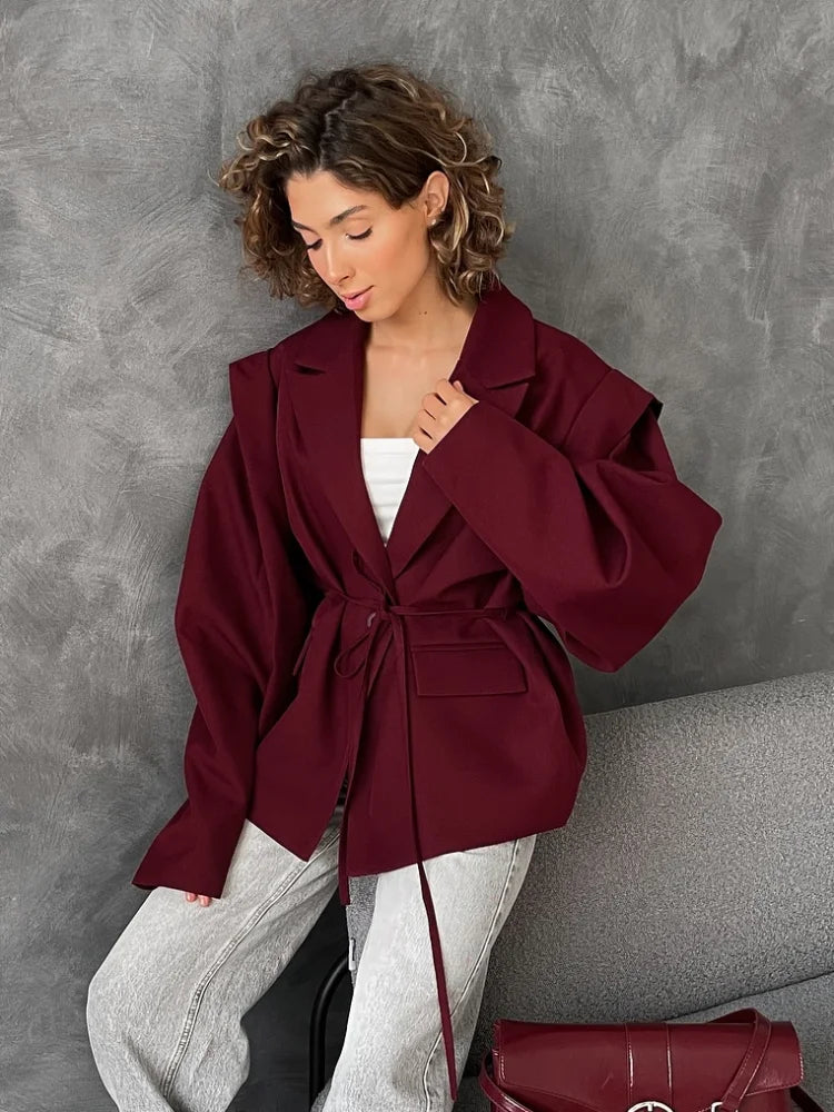 Chic Yellow Women's Lace Up Jacket Elegant Lapel V Neck Long Sleeves Wide Shoulder Loose Coat 2025 Autumn Female High Streetwear