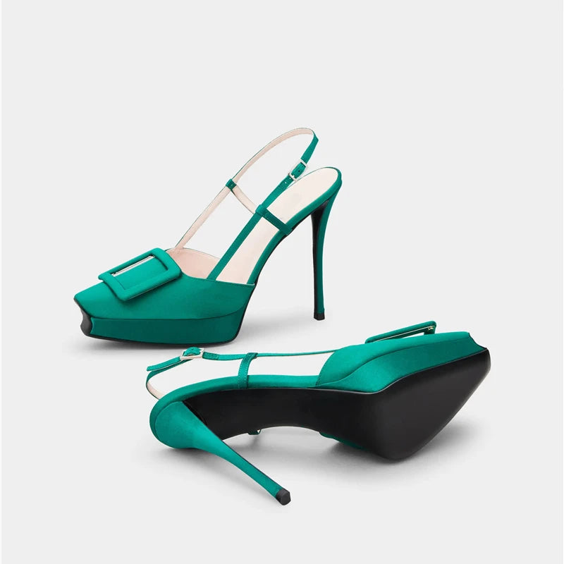 Brand Big Buckle Women Shoes Summer Square-toe Platform Stiletto Shoe Fashion Closed Toe  Strap High-Heeled Formal Dress Sandals