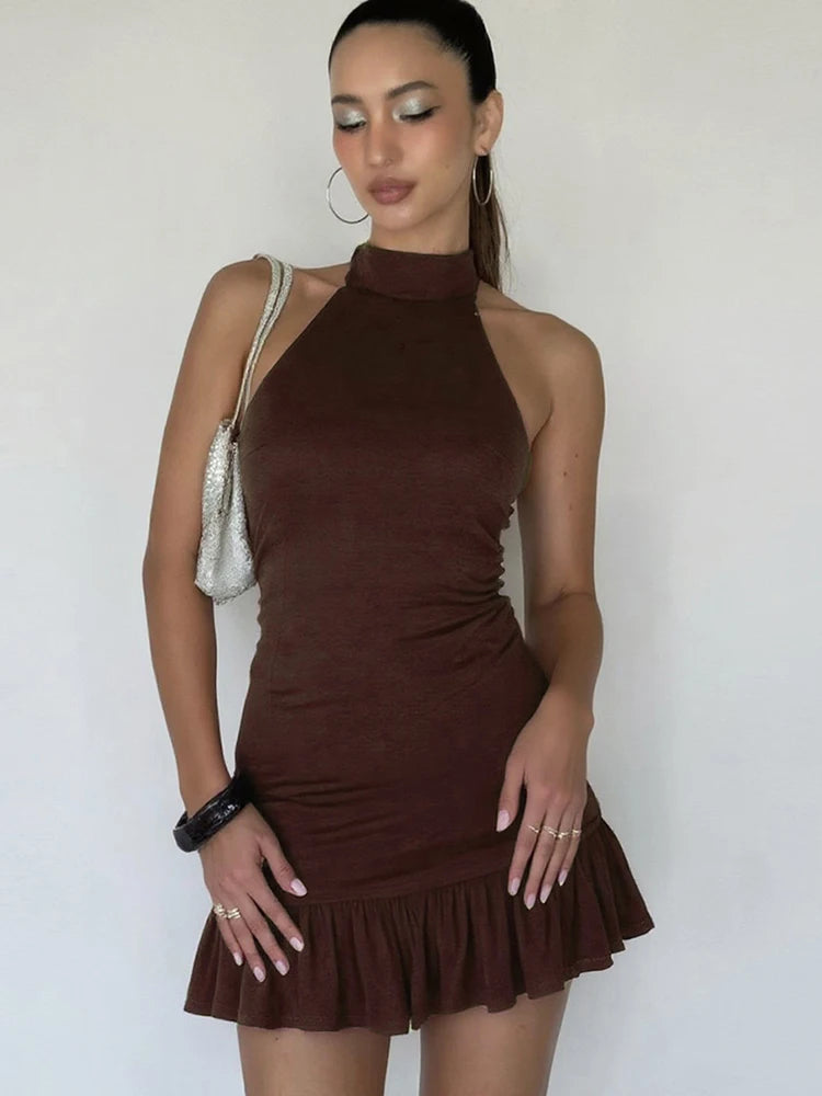 Sisterlinda Concise Basic Mini Dress Hipster Solid Halter Sexy Backless Ruffle Sleeveless Bodycon Female Classic Party Vestidos