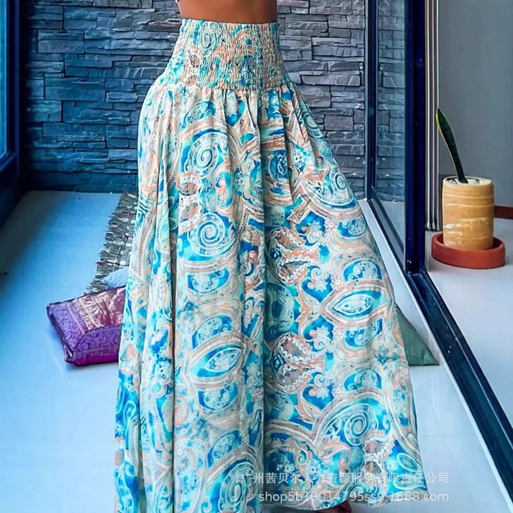 Long Pant Women Flare Pants A Line Print Floral Casual Loose Y2k Streetwear High Elastic Waist Wide Leg Trousers Elegant Maxi