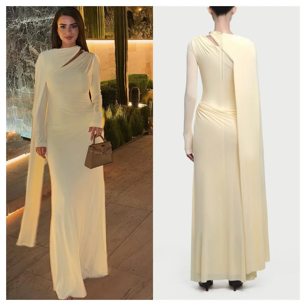 Customized Customized Elegant Yellow Chiffon Evening Dress Modern Crew Neck Long Sleeves Party Dress Temperament Straight Celebr