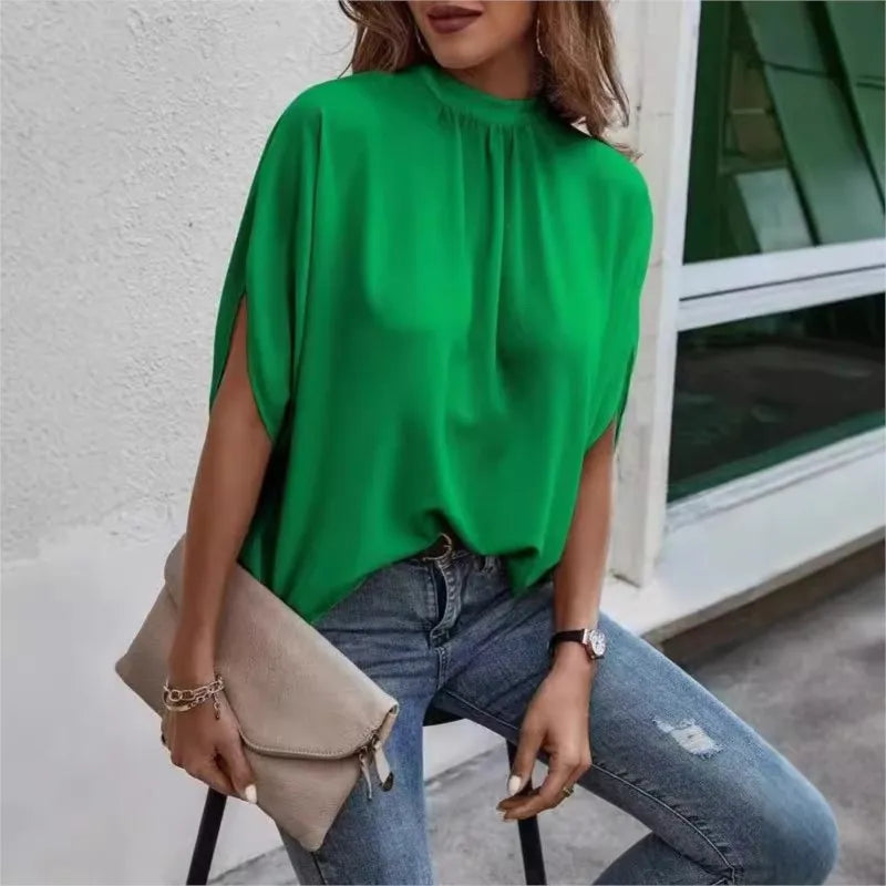 Spring And Summer Casual Green Round Neck Short Sleeved Loose Shirt 2024 Women's Fashionable Printed Split Bat Sleeve Blouse Y2k