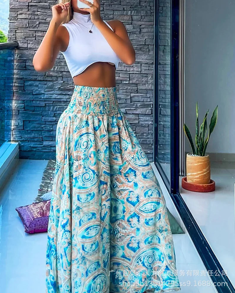 Long Pant Women Flare Pants A Line Print Floral Casual Loose Y2k Streetwear High Elastic Waist Wide Leg Trousers Elegant Maxi
