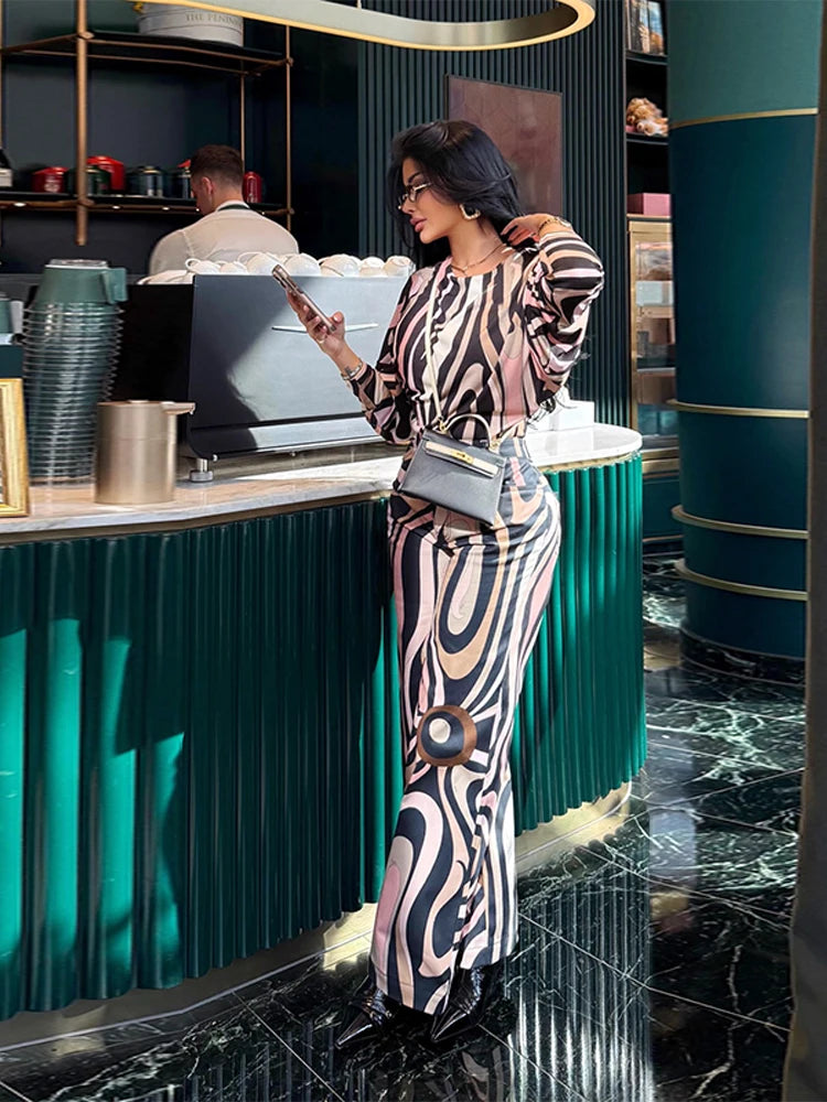 Chic Printed Short Jumpsuit Pants Set Women Slim O-neck Full Sleeve Romper Wide Leg Trouser 2025 Summer Autumn Lady Casual Suit
