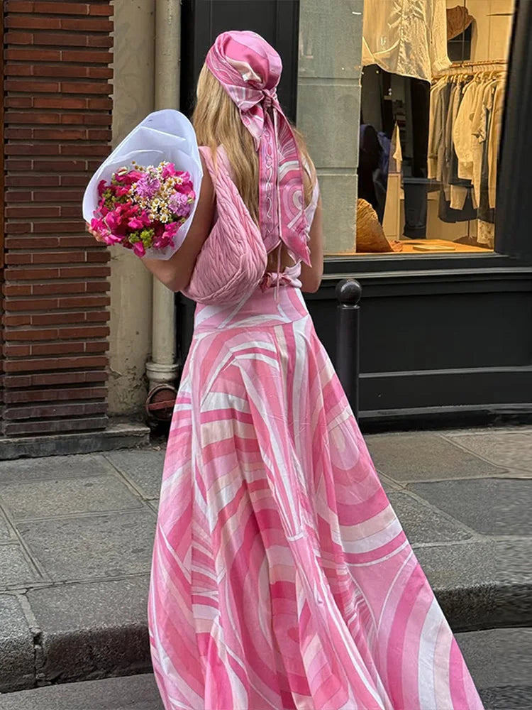 Chic Printed Halter Top Shirt Long Skirt Set Lady 2025 Retro Backless Tops Lapel Shirts Loose Skirts Sets Women Casual Holiday
