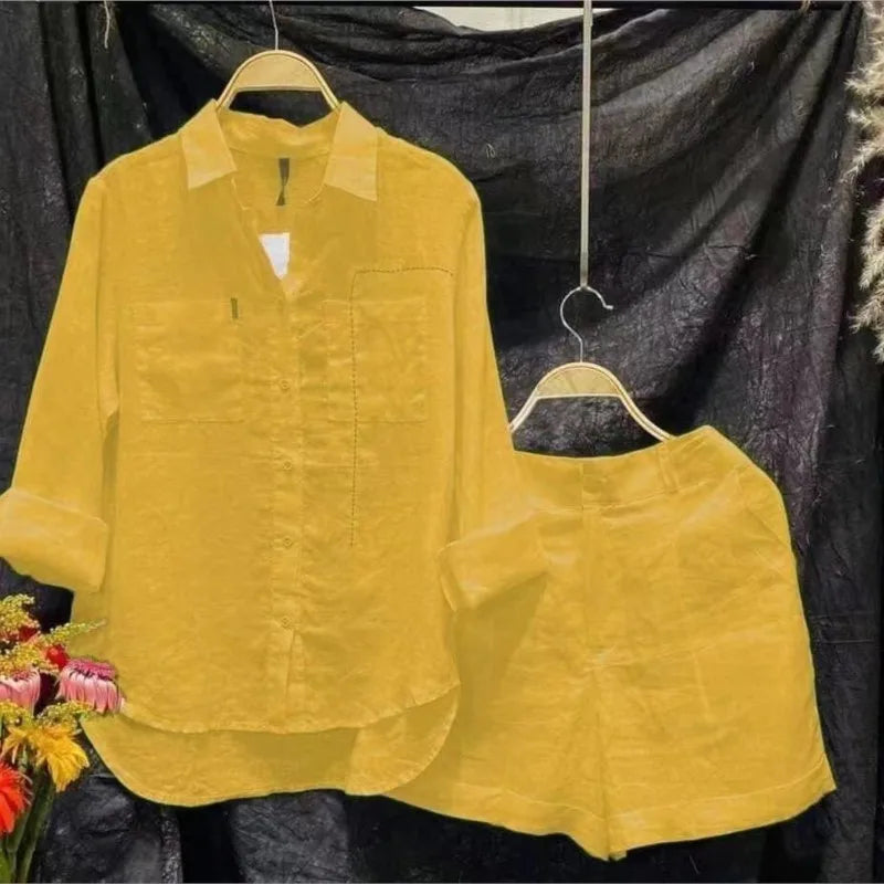 Summer Cotton Linen Casual Home 2 Piece Set For Women 2025 Fashion White Long Sleeve Shirt And Shorts Two Piece Sets Tracksuit