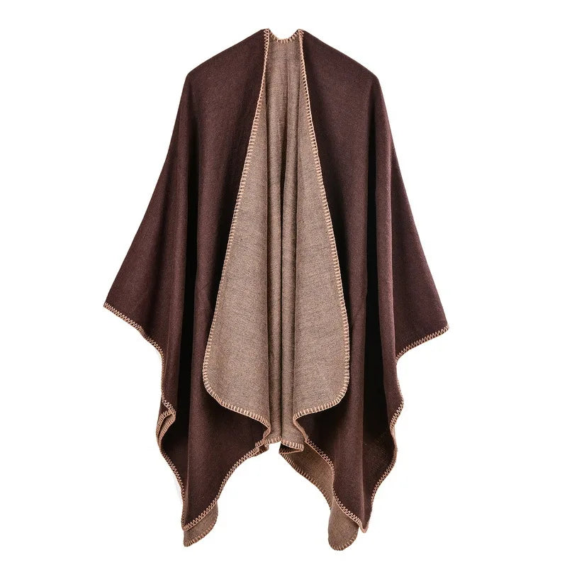Autumn Winter Solid Color Imitation Cashmere Large Fork Shawl Warm Monochrome Cloak  Ponchos Capes Navy