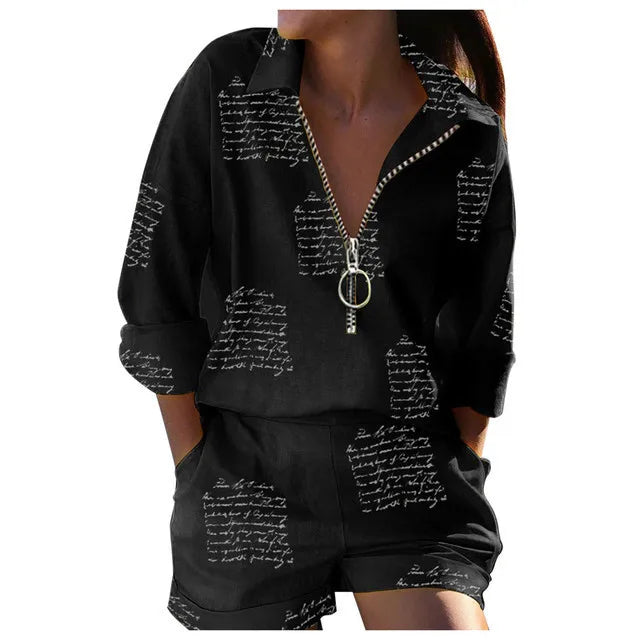 Summer New Suit Women's Top Lapel Long-sleeved Printed Zipper Shorts Two-piece Office Casual And Comfortable Suit