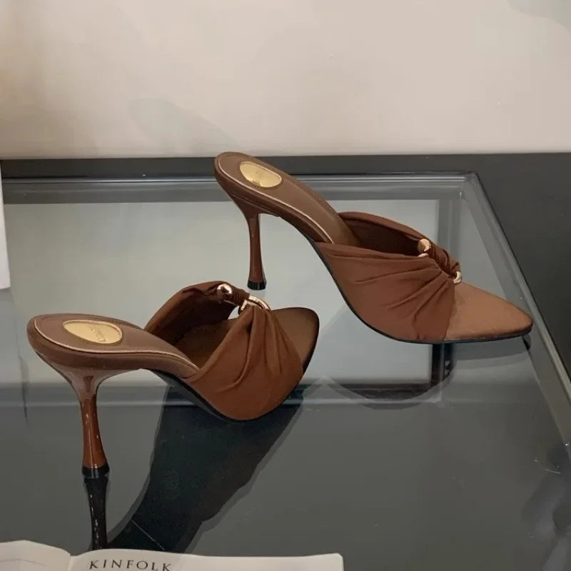Women's High Heels Slippers Pointed Toe Metal Decoration Thin Heels Women Shoes Dress Fashion Korean Style Zapatillas De Mujer