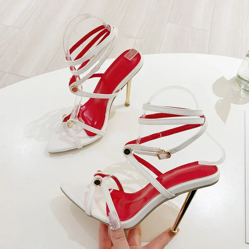 Liyke Brand Fashion Metal Decoration Designer High Heels Sandals Women Sexy Pointed Toe Party Stripper Shoes Sandalias Mujer