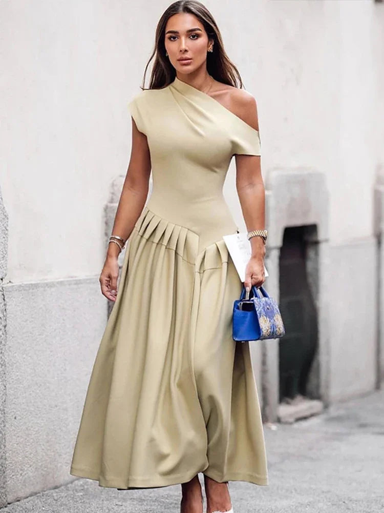 Summer Lady Patchwork Pleated Maxi Dress Chic Elegant Black Half-turtleneck Short Sleeve High Waist Dresses Office Street Robes