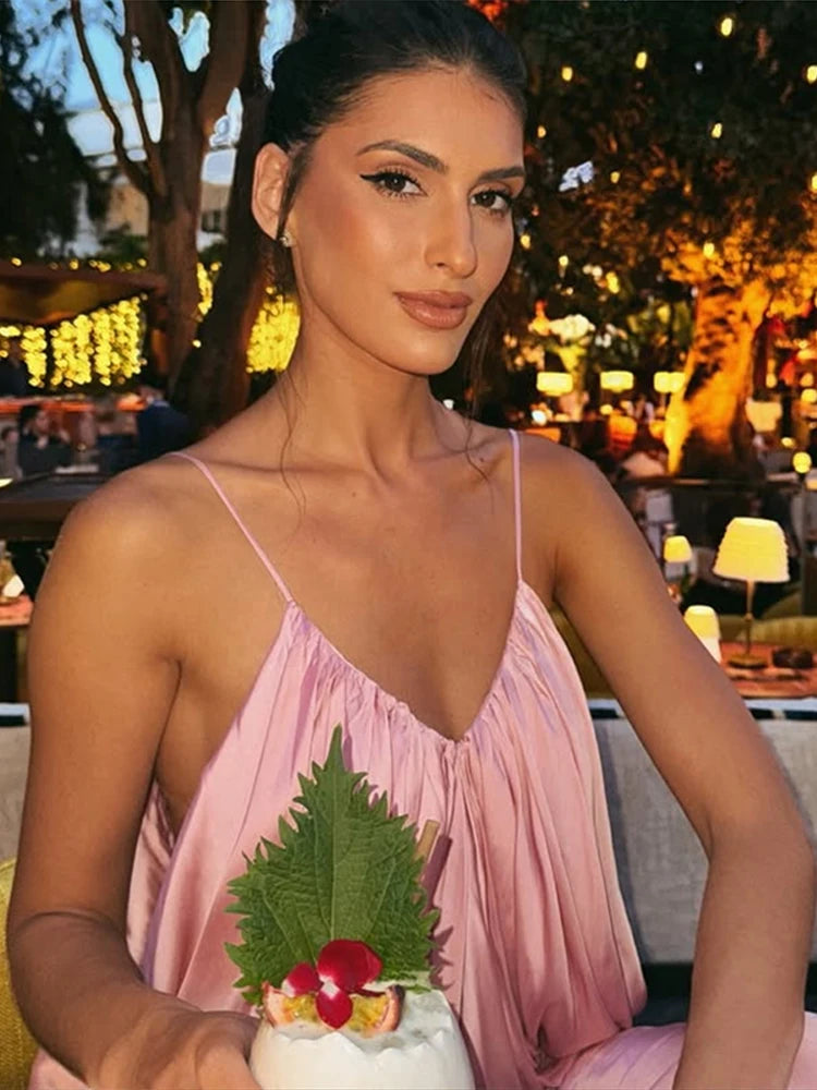 Sexy V-neck Sling Backless Long Dresses Fashion Solid Sleeveless Pleated Hip Packet Maxi Dress Summer Chic Evening Party Robes