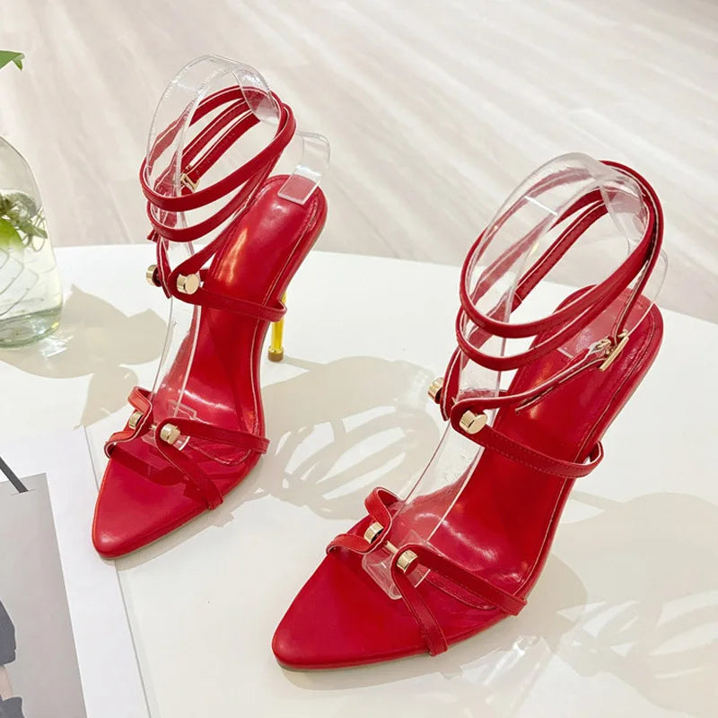 Liyke Brand Fashion Metal Decoration Designer High Heels Sandals Women Sexy Pointed Toe Party Stripper Shoes Sandalias Mujer
