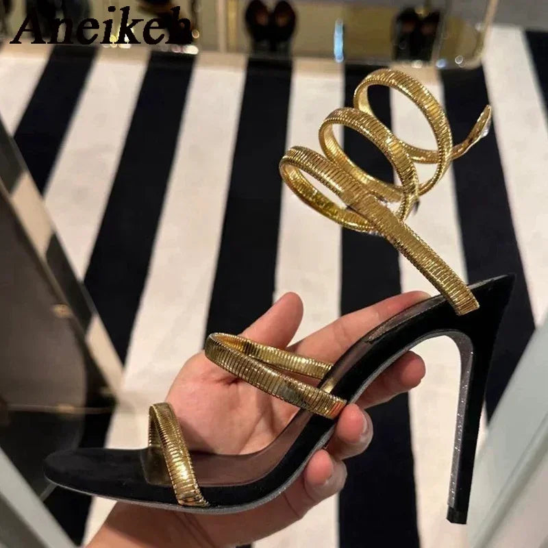 Aneikeh Sexy Crystal Ankle Strap Heels Sandals Women Summer Street Style Open Toe Thin High Heels Party Banquet Prom Luxury Shoe