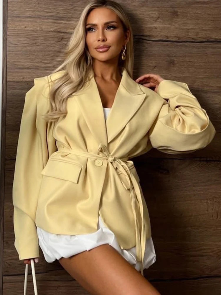 Chic Yellow Women's Lace Up Jacket Elegant Lapel V Neck Long Sleeves Wide Shoulder Loose Coat 2025 Autumn Female High Streetwear