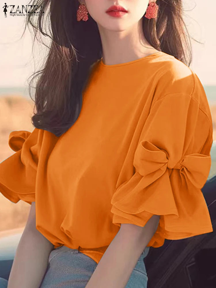 ZANZEA 2025 Summer Tops Women Bow Tie Ruffles Chiffon Blouse Elegant Lantern Short Sleeve Shiirt Vintage Patchwork Korean Tunic