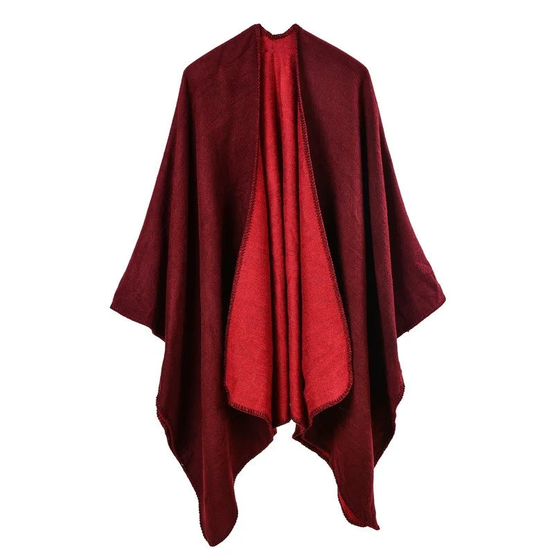 Autumn Winter Solid Color Imitation Cashmere Large Fork Shawl Warm Monochrome Cloak  Ponchos Capes Navy