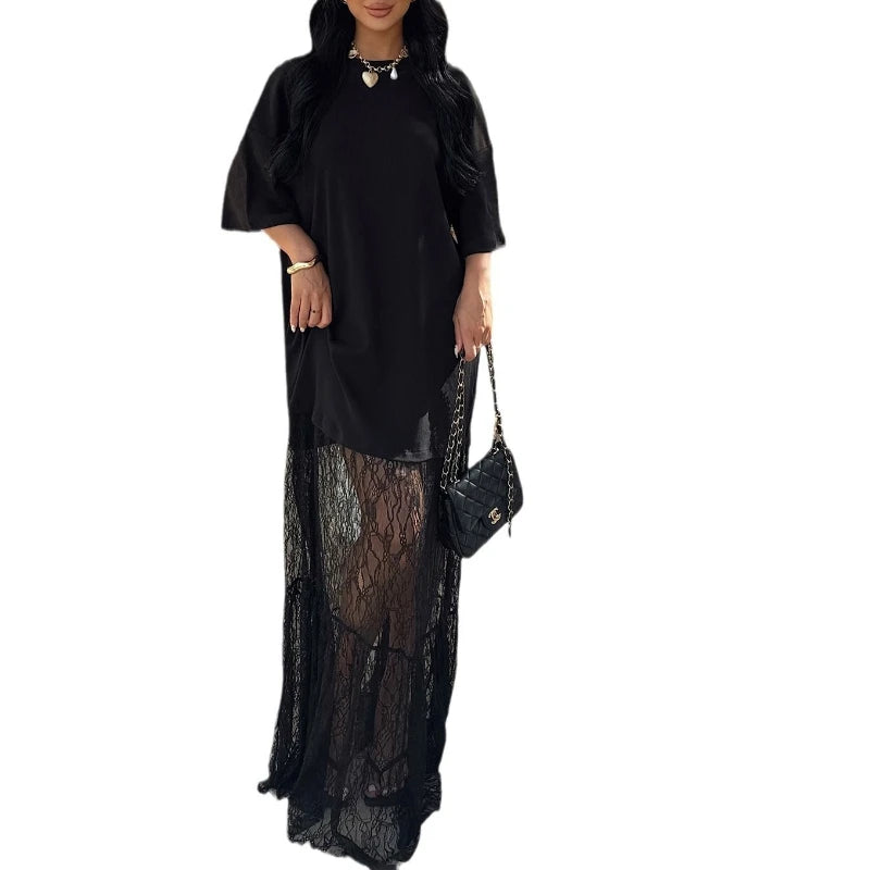 Lace Dress Round Neck Sweater Stitching Lace Skirt 2025 Spring and Summer Sexy Spice Women's Dress