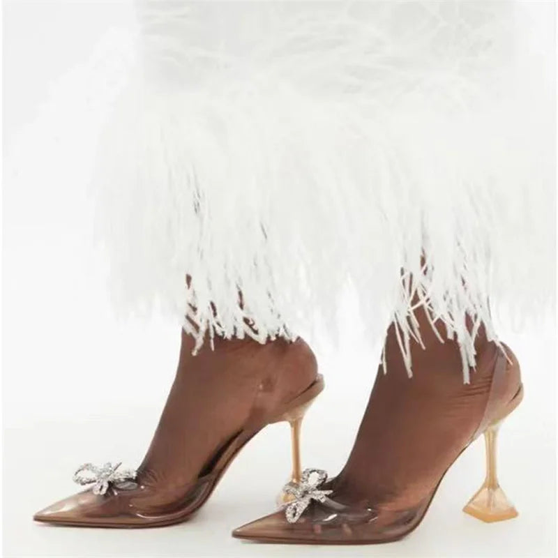 2025 New European And American Rhinestone Bow Transparent Heels Pointed Toe Jelly Fairy Style High Heels Candy Color Wine Glass