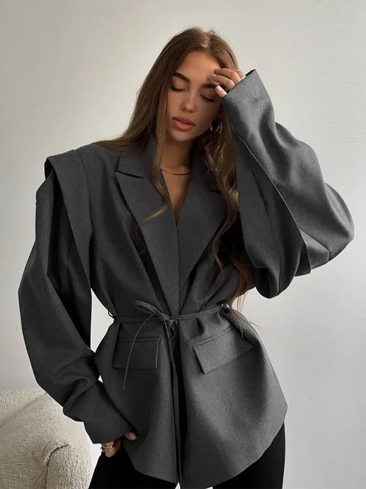 Chic Yellow Women's Lace Up Jacket Elegant Lapel V Neck Long Sleeves Wide Shoulder Loose Coat 2025 Autumn Female High Streetwear