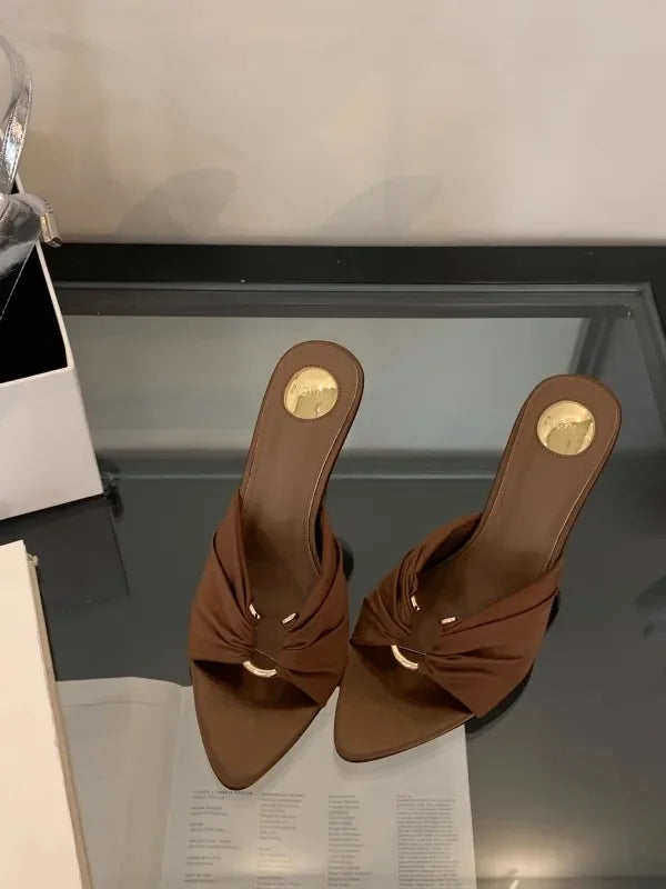 Women's High Heels Slippers Pointed Toe Metal Decoration Thin Heels Women Shoes Dress Fashion Korean Style Zapatillas De Mujer