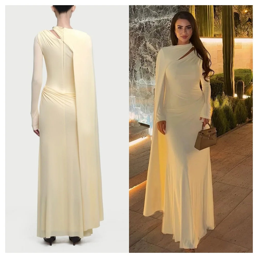 Customized Customized Elegant Yellow Chiffon Evening Dress Modern Crew Neck Long Sleeves Party Dress Temperament Straight Celebr